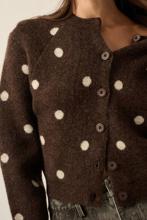 Polka Dot Jacquard-Knit Button-Up Crew-Neck Cropped Cardigan