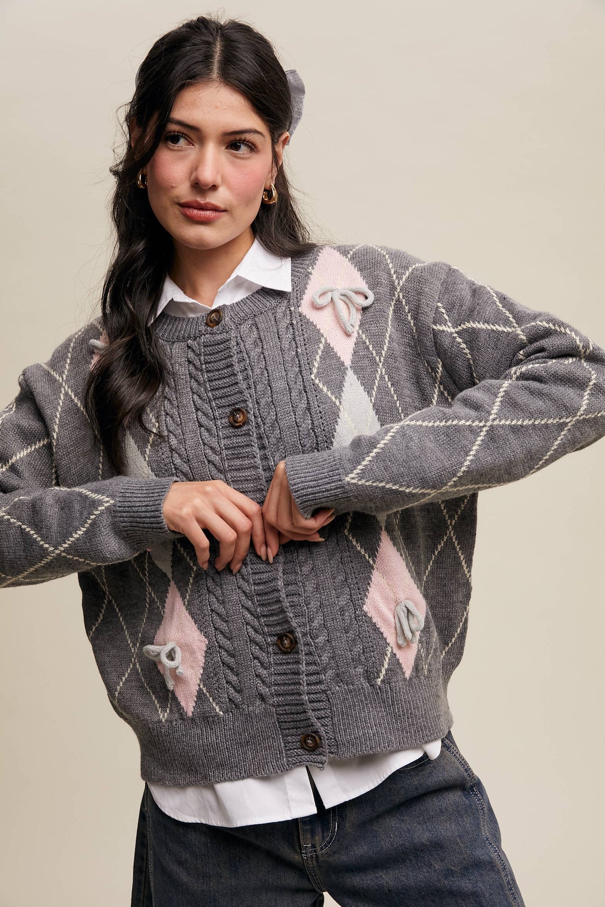 Argyle Bow Detail Knit Cardigan