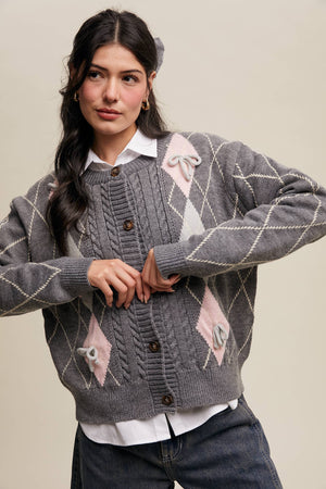 Argyle Bow Detail Knit Cardigan