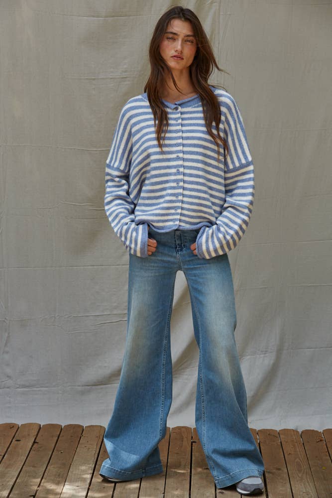 Blue and White Striped Button Down Knit Cardigan