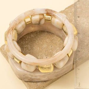 Mixed Square Resin Bangle And Beads Bracelet Set