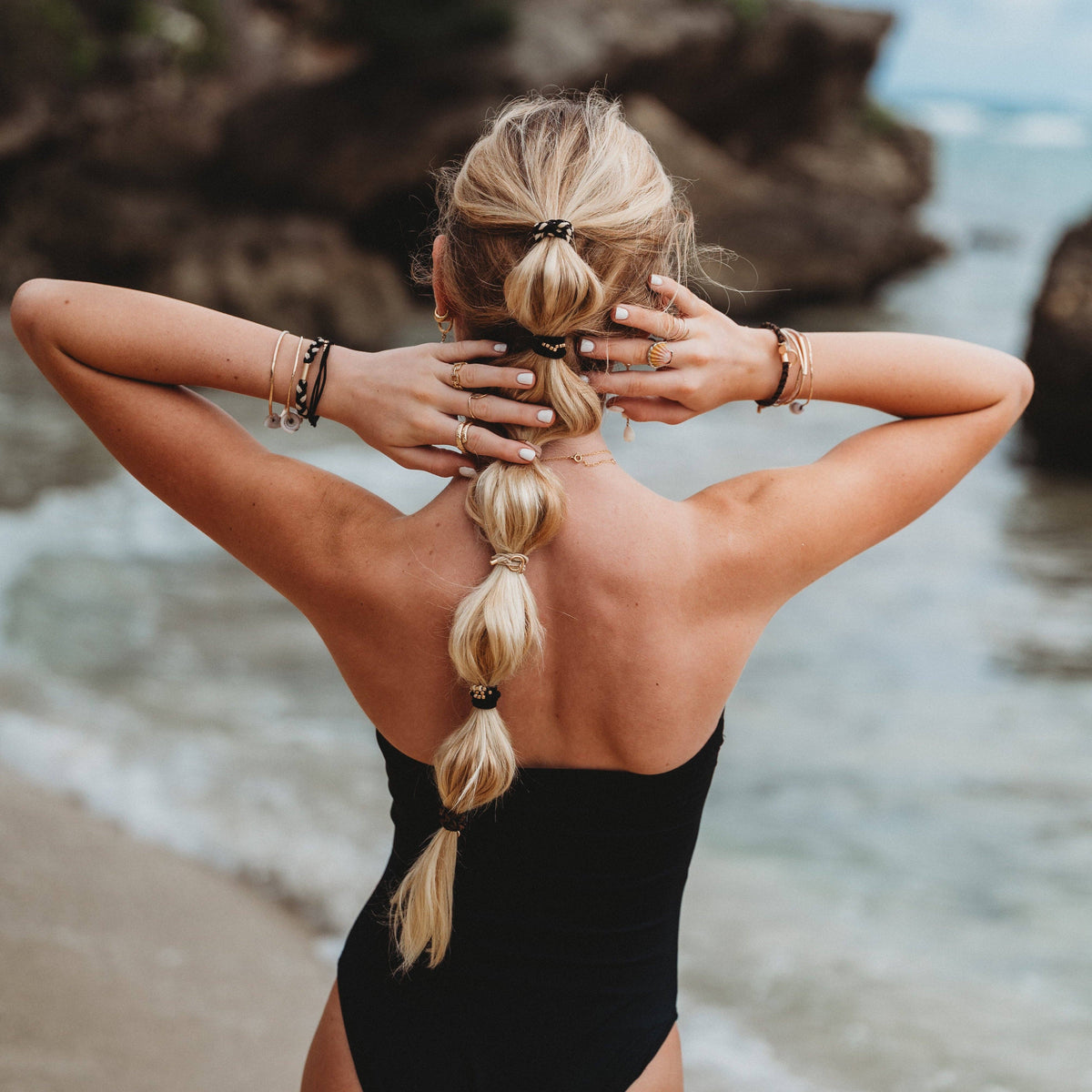 Connect Hair Tie Bracelet Set – Black, Cream & Gold