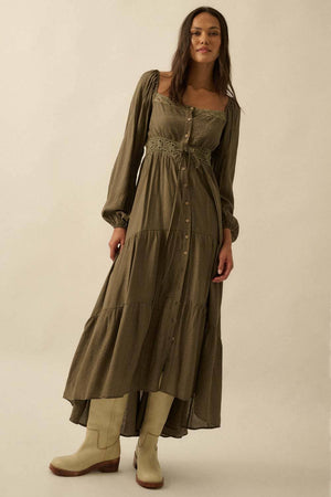Button-Front Tiered Ruffle Maxi Dress