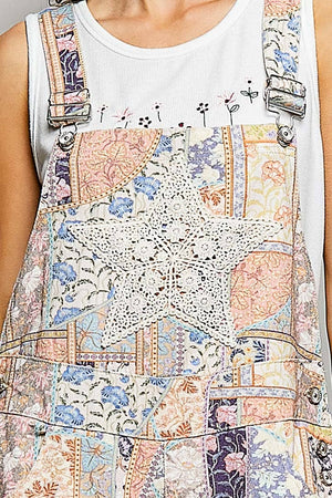 Floral Crochet Pearl Patch Roomy Fit Twill Overalls
