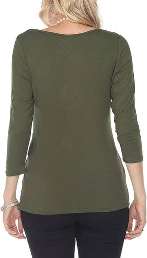 Women 3/4 Long Sleeve V Neck Twisted Knot Casual Top Green