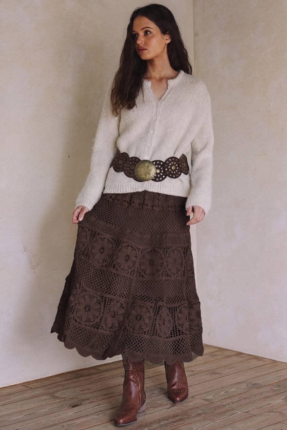 Brown Crochet Maxi Skirt