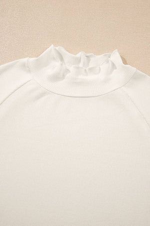 Ribbed Knit Lettuce Trim High Neck Long Sleeve Top
