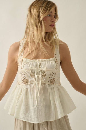Floral-Embroidered Tie-Front Peplum Peasant Tank Top