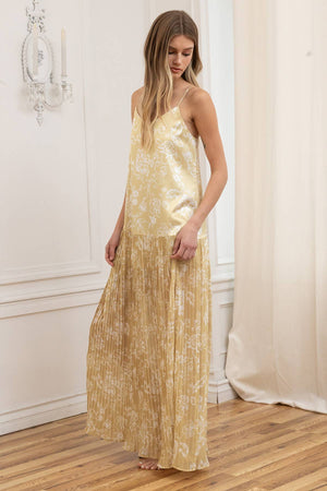 Satin Bodice Chiffon Pleated Midi Dress