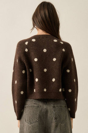 Polka Dot Jacquard-Knit Button-Up Crew-Neck Cropped Cardigan