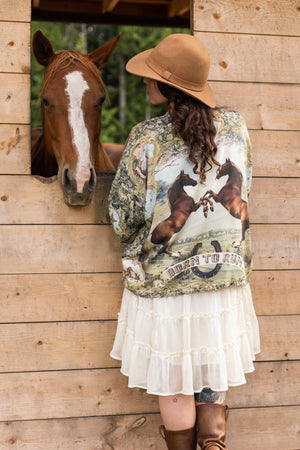 Born to Run Pixie Duster Crop Kimono w/ Horse & Flower Print