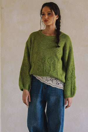 Olive Embroidered Floral Sweater