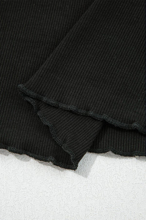 Ribbed Knit Lettuce Trim High Neck Long Sleeve Top