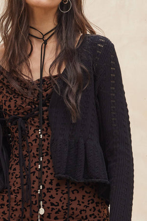 Pointelle Knit Trumpet-Sleeve Peplum Cardigan