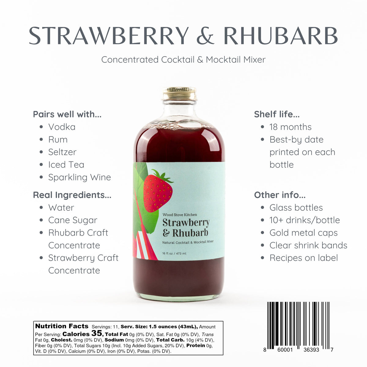 Strawberry & Rhubarb Cocktail and Mocktail Mixer 16 fl oz