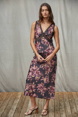Woven Polyester Floral Print Midi Skirt